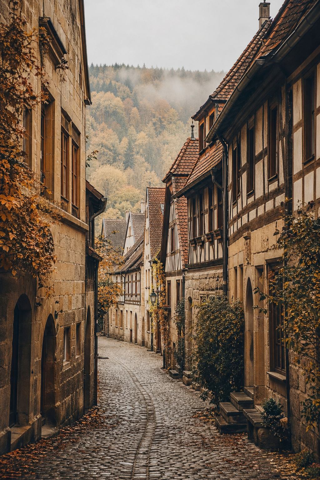 Mittelalterliche Gasse mit Sandsteinfassaden unter Herbstlicht