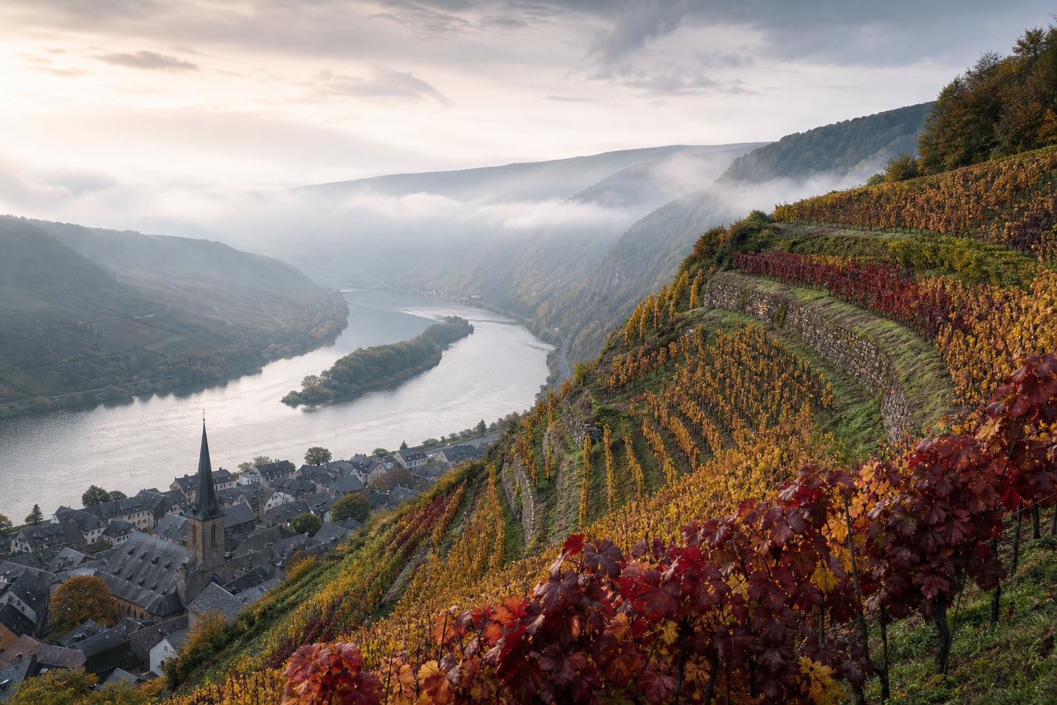 Herbstliche Weinbergterrassen über einer Moselschleife